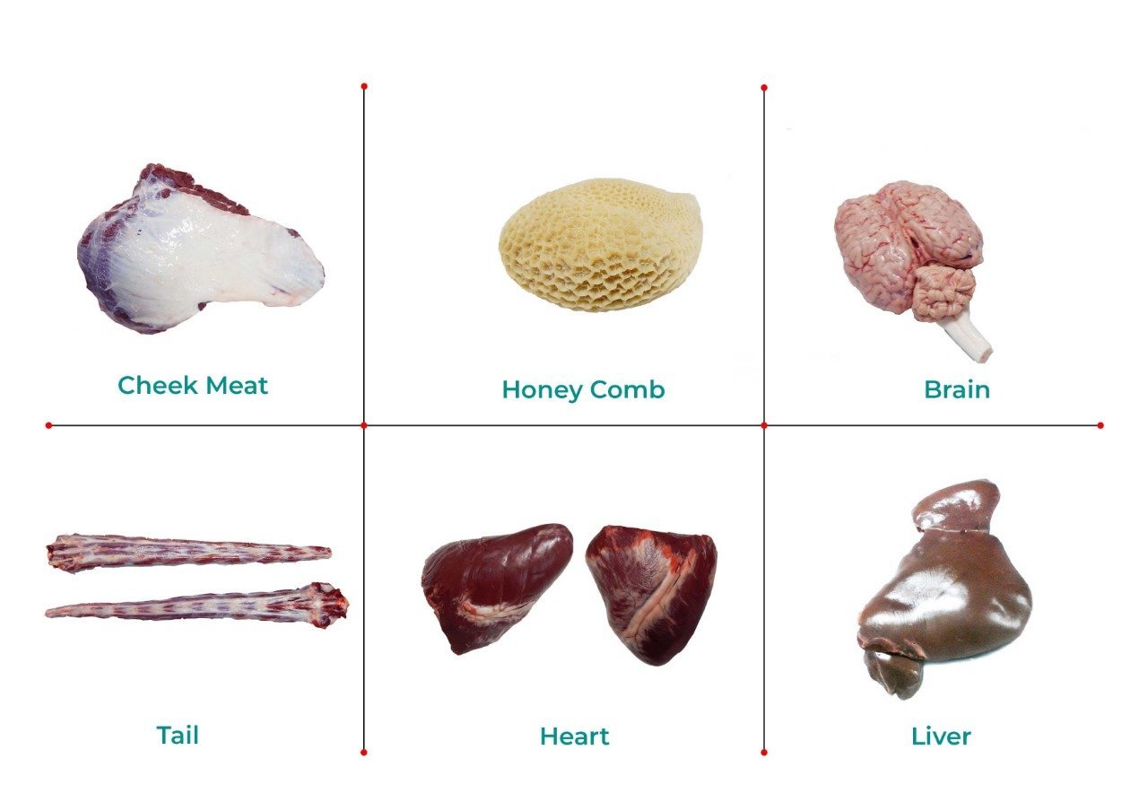 Cheek meat, honeycomb, brain, tail, heart and liver
